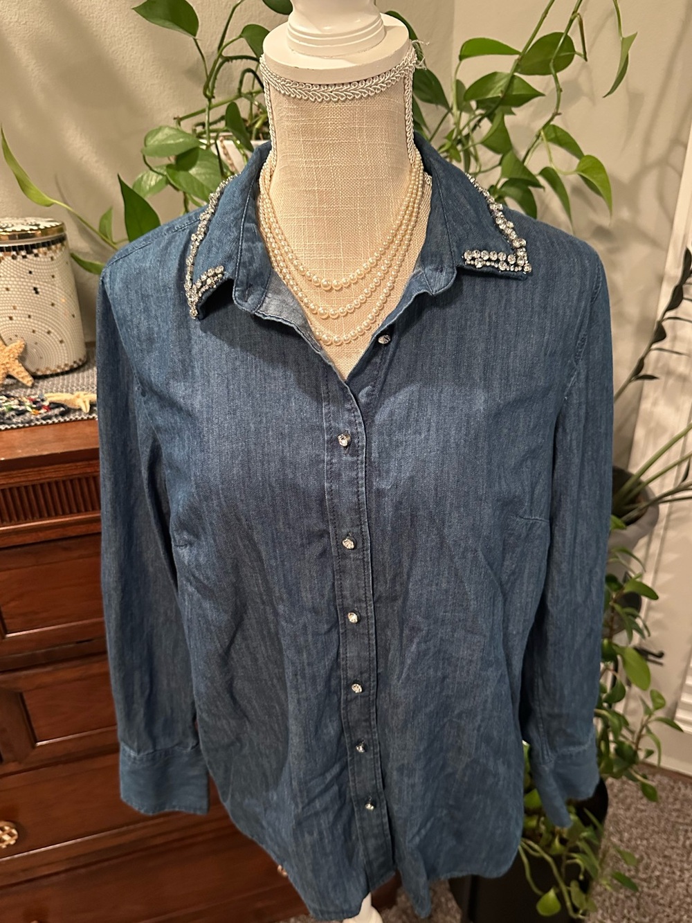 Talbots Denim Button-Down Shirt with Beaded Collar - Blue